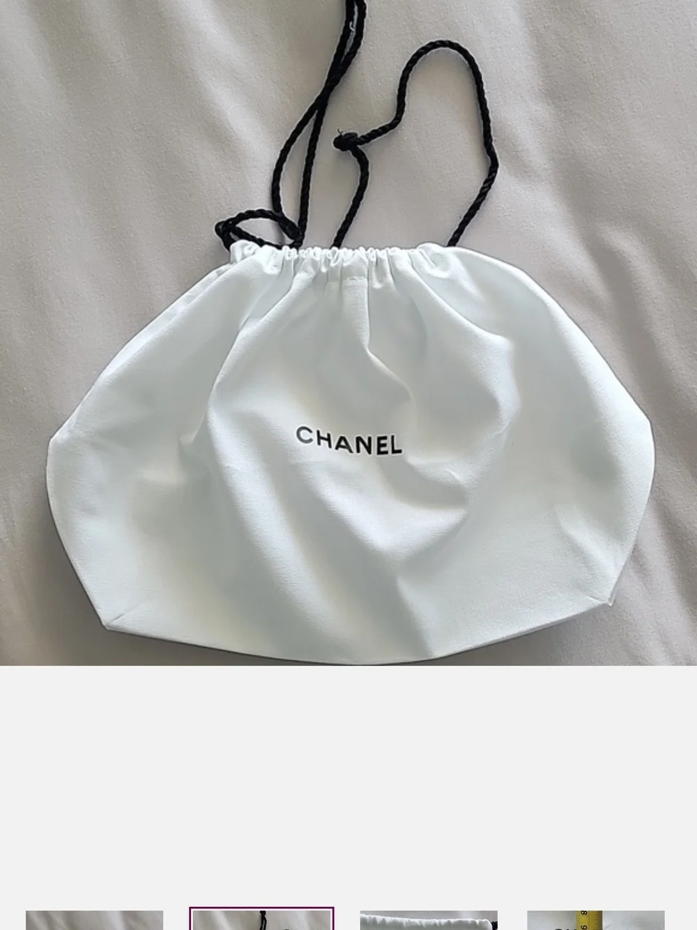 CHANEL White Drawstring Cosmetic Pouch with Black Cord